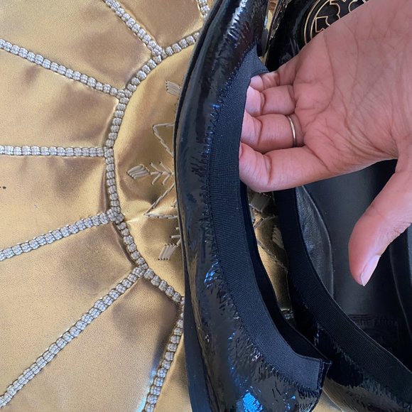 Tory Burch Black Patent Flats with Gold Logo - Picture 3 of 6